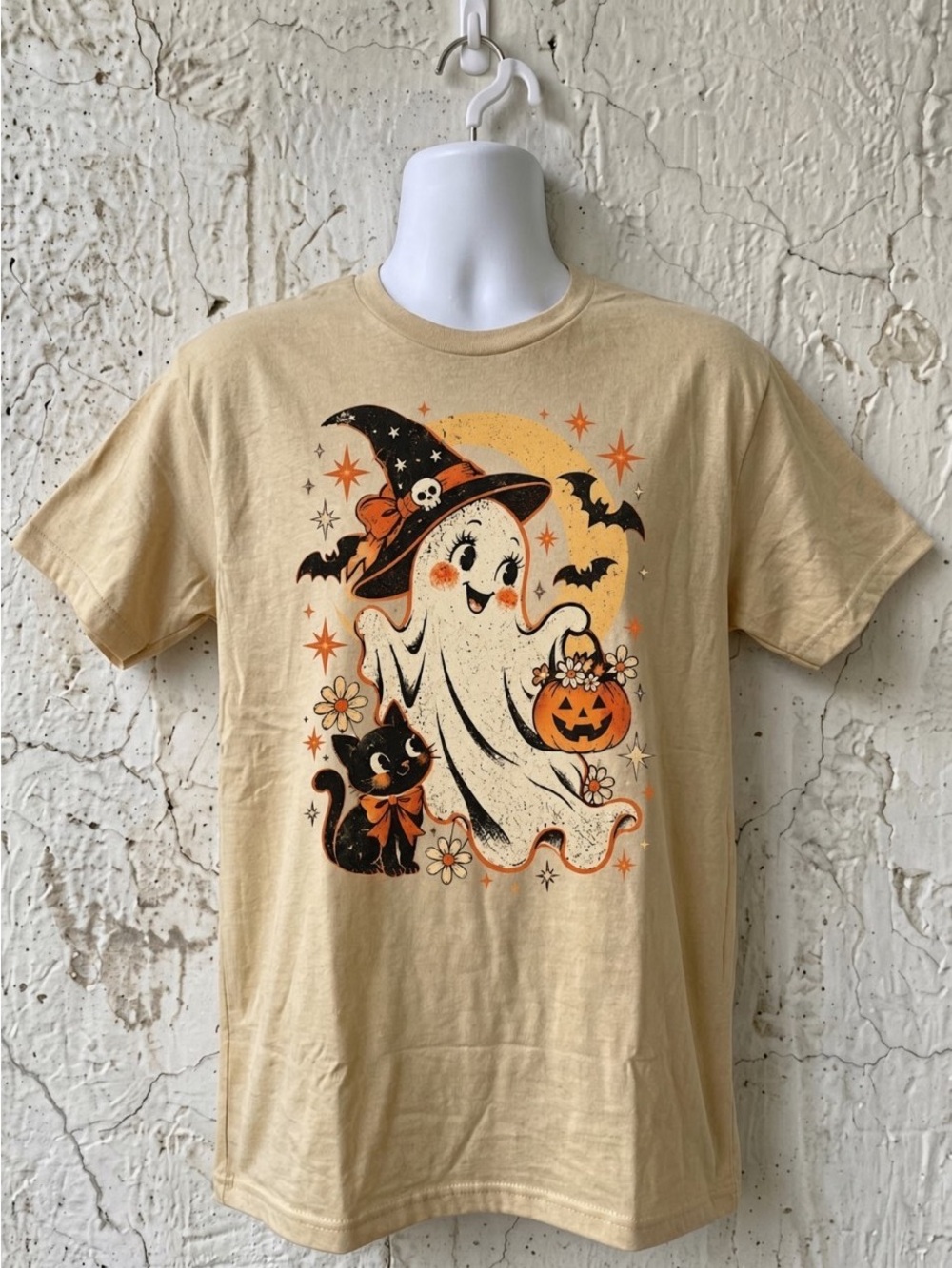 Gildan Beige Halloween Ghost Tee with Orange & Black Graphics
